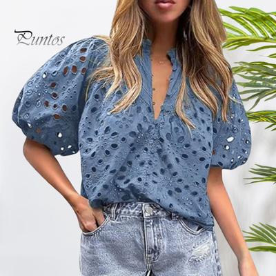 Women Shirt Stand Collar V-Neck Puff Short Sleeve Shirt Hollow Embroidered Flower Pattern Lace Blouse Casual Dressy Tops