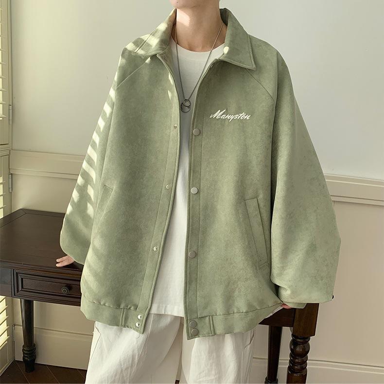 

Autumn new loose suede jacket men s trendy lapel top trendy Hong Kong style versatile casual men s jacket 3XL зелёный