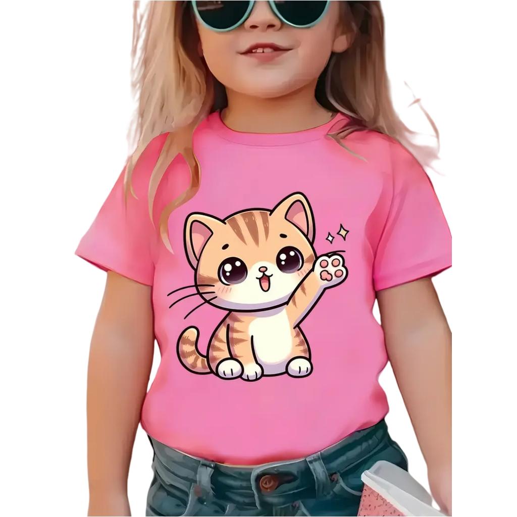 Cat Girl T-Shirt Short Sleeve Tees Girl Clothes Round Neck Top Fashion Junior Girls' Clothing Cute Outdoor Kids T-Shirts