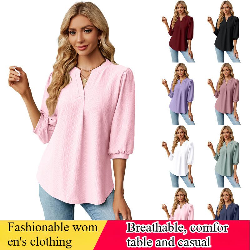 Autumn and Winter Women's Solid Color V-neck Jacquard Three-quarter Sleeve Loose T-shirt Top