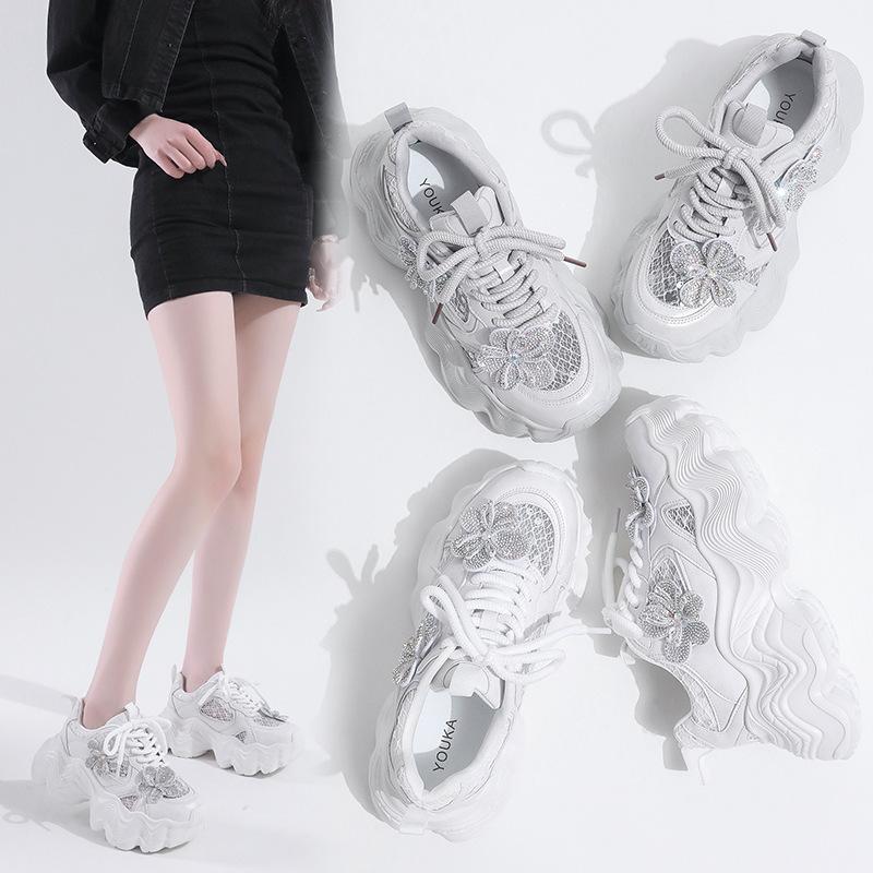 European Goods Heavy Industry Terraced Rhinestone Dad Shoes Women's Ins Tide 2025 Polished Muffin Thick Sole Heightening Casual Sports Shoes
