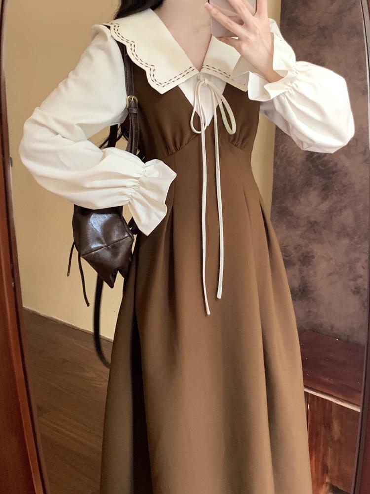 Plus Size Retro Doll Collar Two-Piece Long Dress - Slimming French Autumn Style for Women