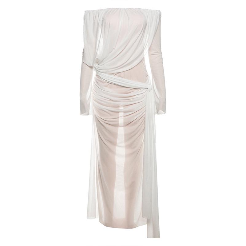

European & American Style Sexy Mesh Solid Color One-Shoulder See-Through Long-Sleeve Dress for Women Small білий