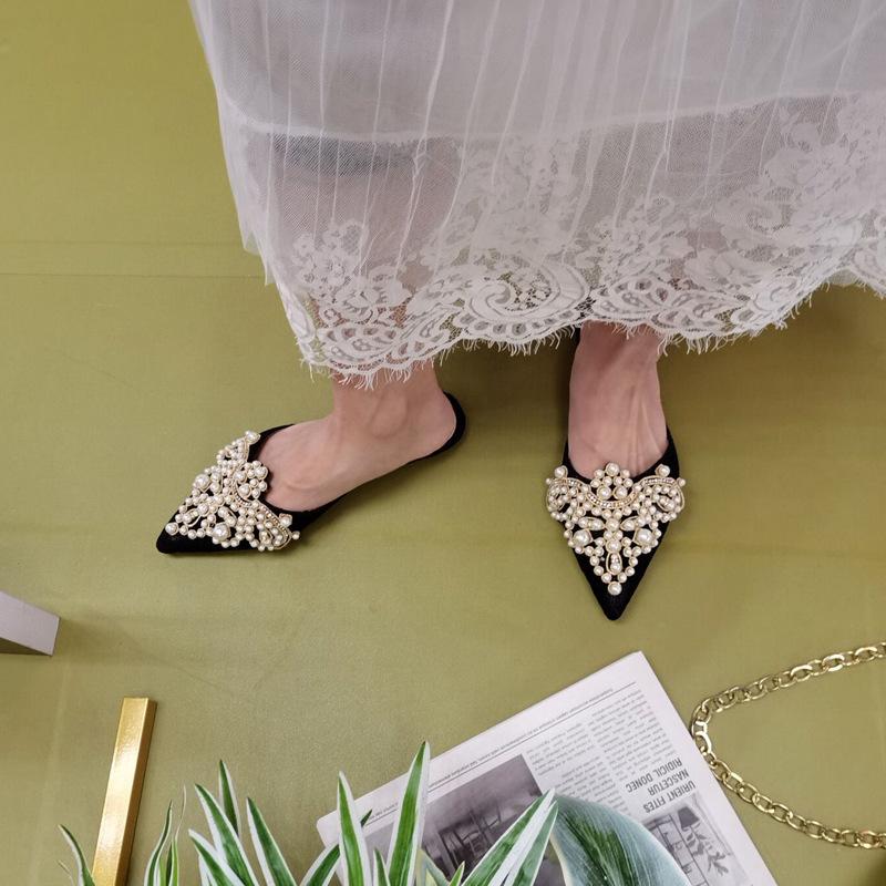 

Flat heels slippers pearl lace pointed head bag head half drag flat sandals women s summer sandals handmade rhinestones beaded large size 43 абрикосовий