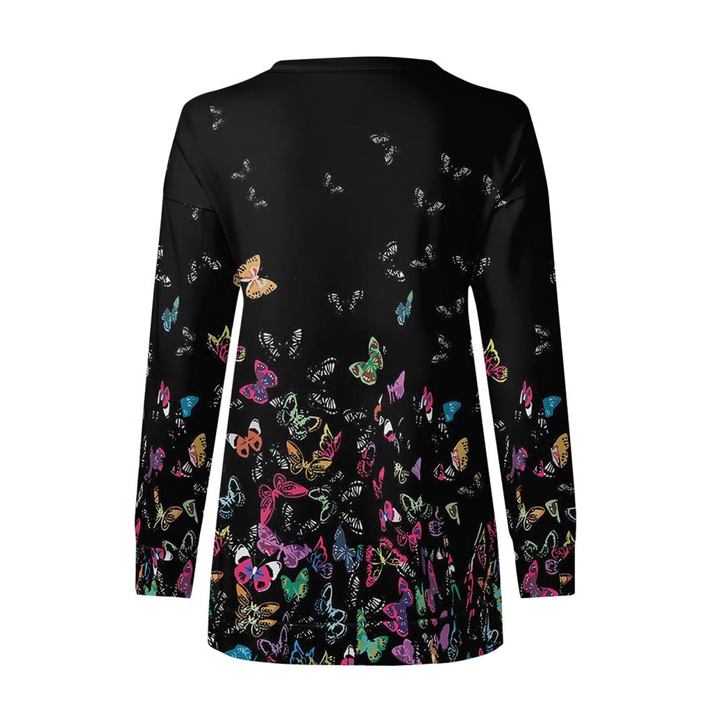 Damen Rundhals-Oberteile, Baumwolle, Damen, lässig, modisch, bedruckt, langärmelig, O-Ausschnitt, Pullover, Oberteil, Bluse