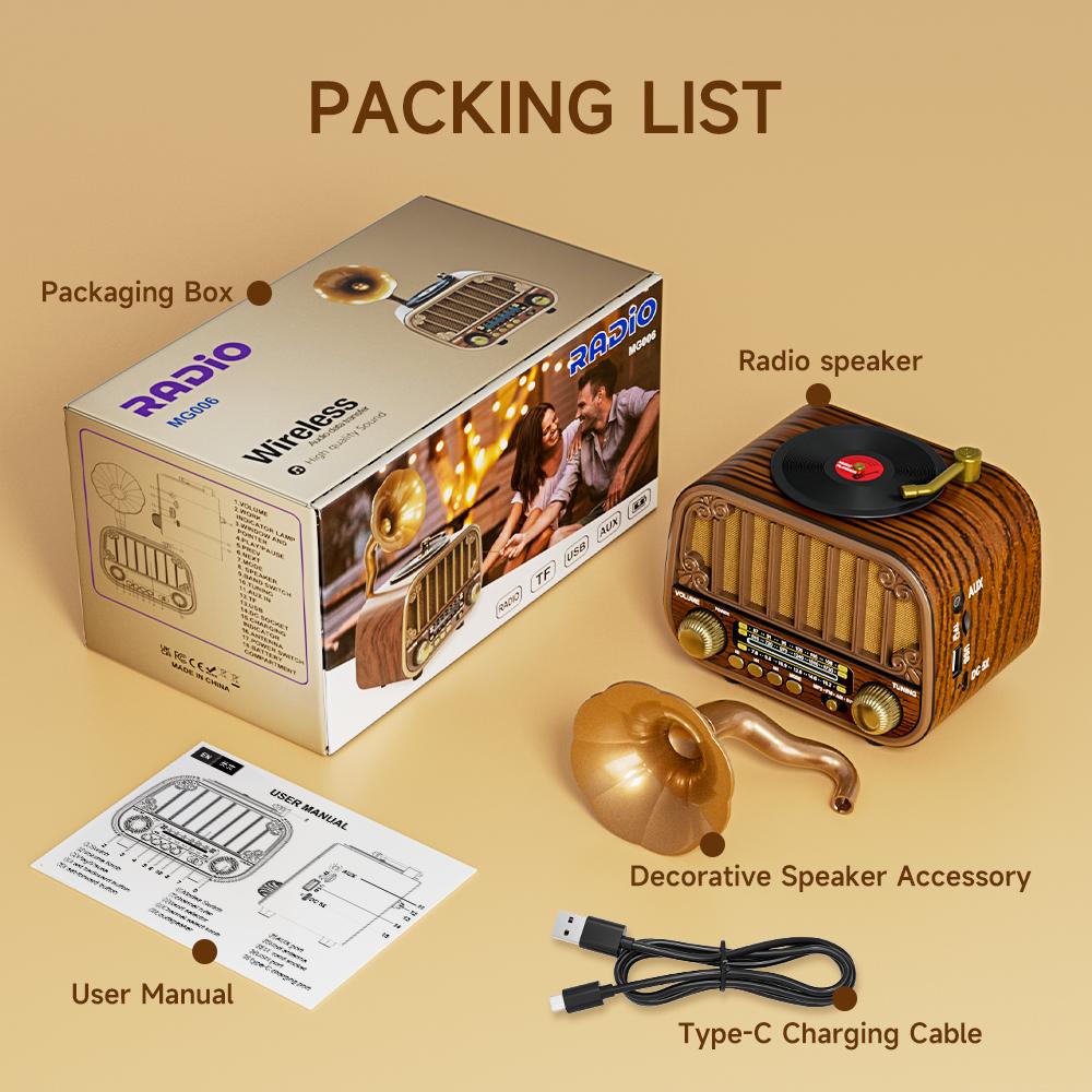 Wielopasmowe Radio Vintage, Przenośne Radio FM AM SW, Bezprzewodowe Strumieniowanie Muzyki i Odtwarzanie z Karty TF, Retro Stylizacja do Domu/Ogrodu