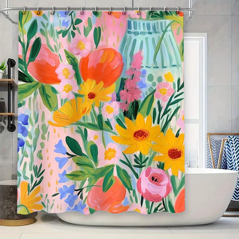

Bright Floral Shower Curtain Bathroom Decor Multicolor Watercolor Print, Rustic Style, Waterproof Fabric For Home Decoration In W60H190(CM)-1 Pcs