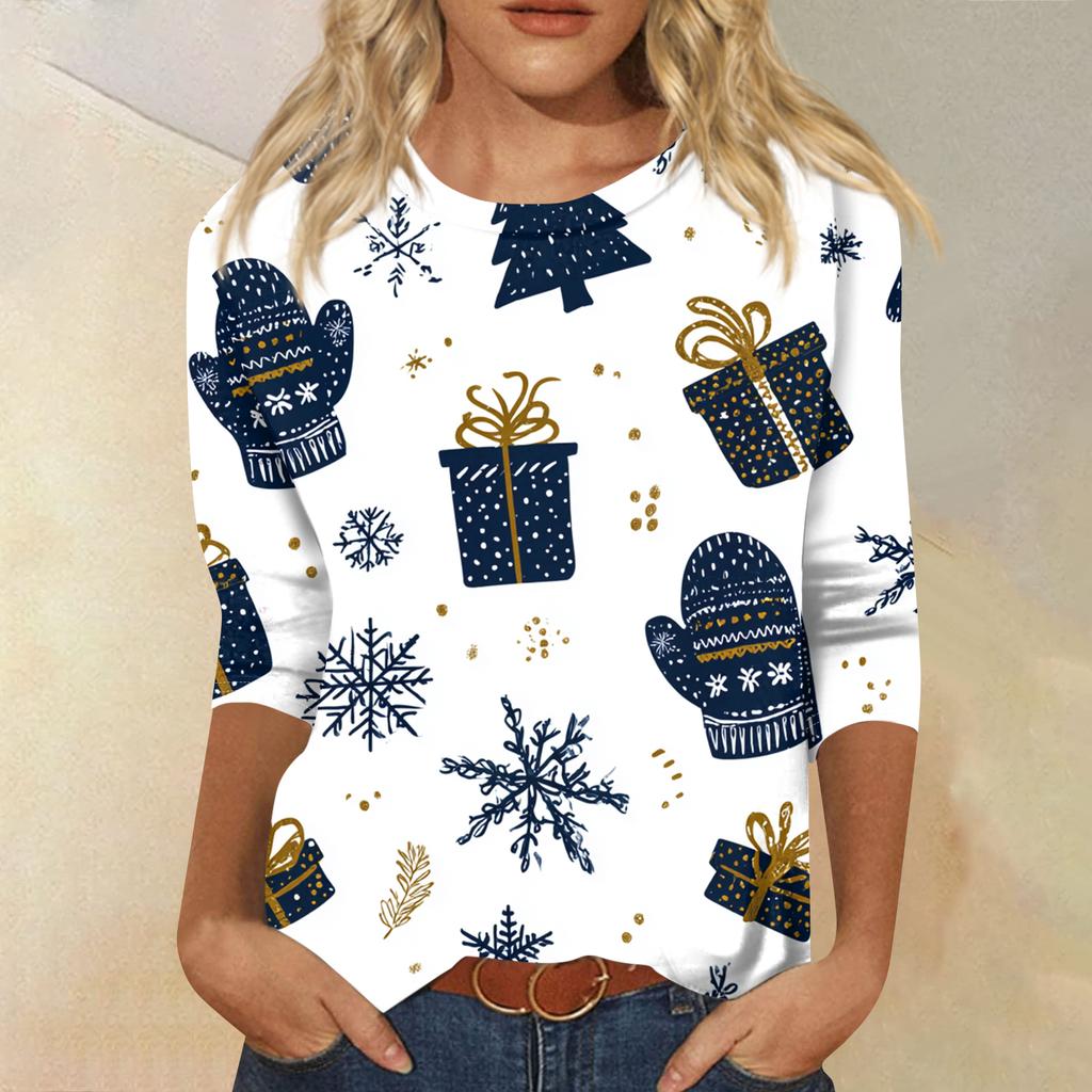 Women's Fashion Casual Round Neck Three-quarter Sleeve Christmas Print T-shirt Top