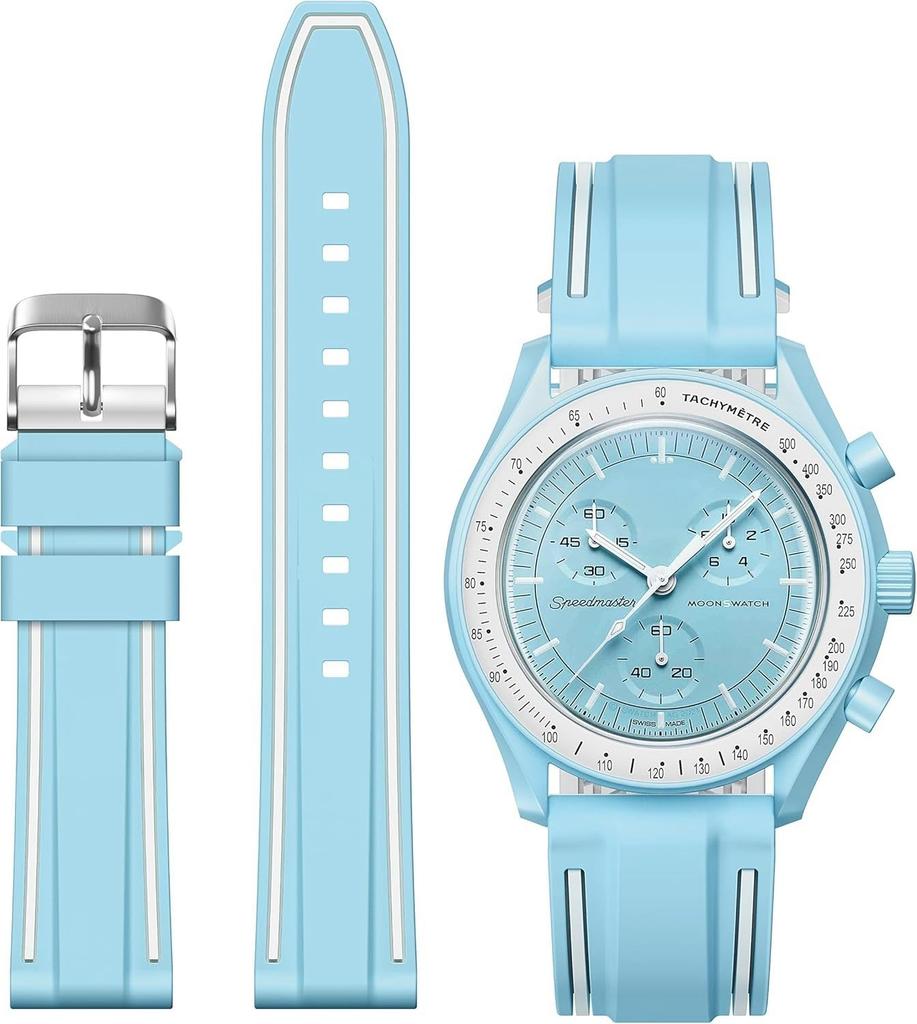 Jumpsunfun 20mm Watch Band for Swatch X OMEGA Speedmaster Silicone Watch Strap with Quick Release Replacement Light Blue with White Lines MoonSwatch,