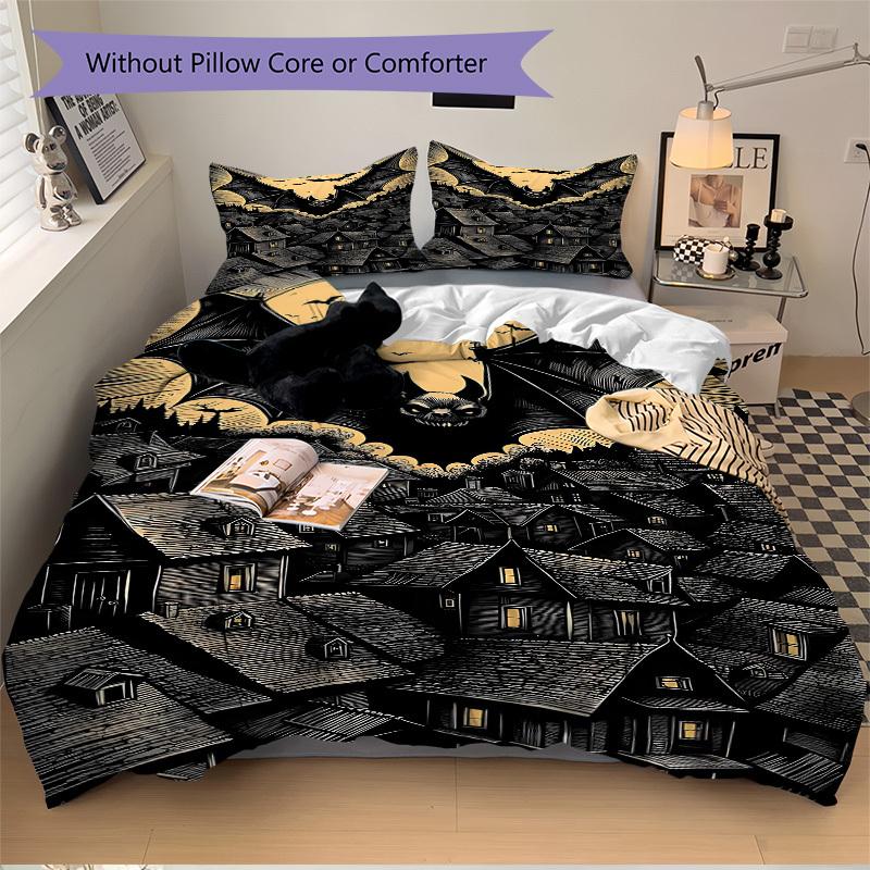 3pcs Bedding Set Halloween Bat Village Includes 1 Comforter + 2 Pillowcases, Without Pillow Inserts, Soft Comfortable, Lightweight Breathable083