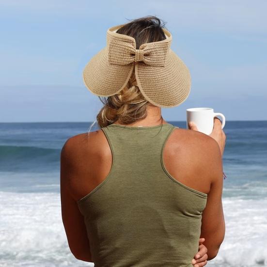 Outdoor Ladies Hat Empty Top Foldable Large Brim Bow Decor Sun Protection Anti-UV Beach Straw Cap Gardening Fishing Travel Hat