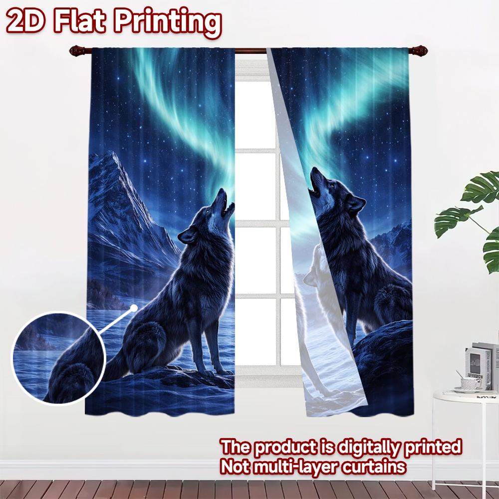 2D FLAT PRINTING 2pcs Curtains (Without Rod) Wolves Howling Under Aurora Print Chic Curtains Versatile Polyester Fabric Curtains