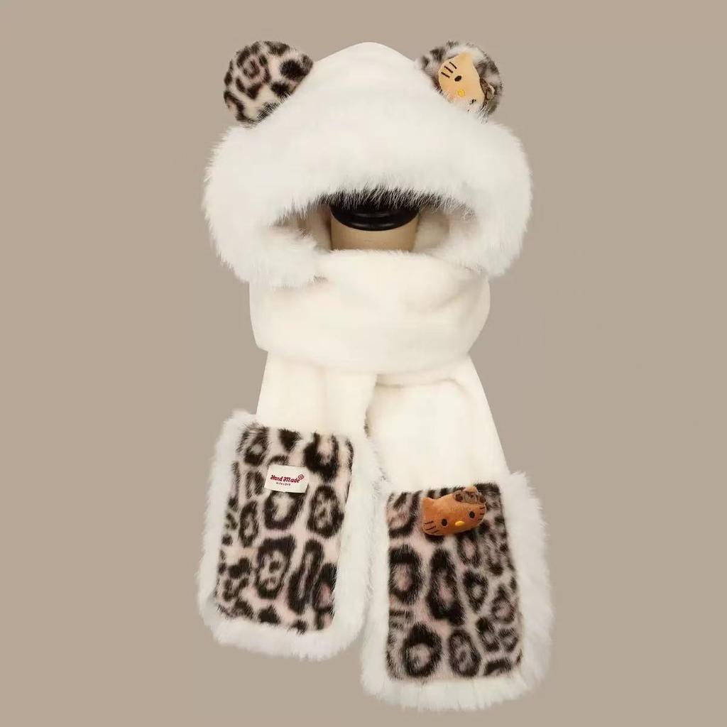 Plush leopard print bear ears hat scarf integrated women's autumn and winter warm hooded scarf hat three-piece set