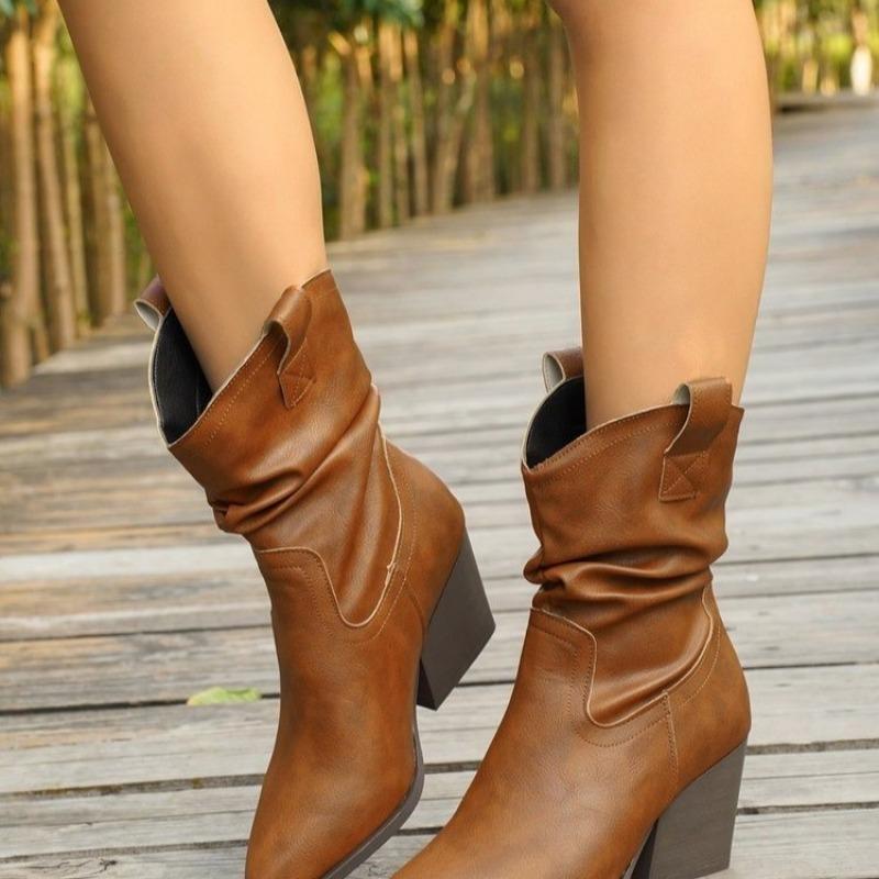 

Новые зимние сапоги на высоком каблуке с гофрированными вставками, удобные, с острым носком, с одной педалью, тонкие, ретро-модные, средние, женские сапоги-рыцари 36 коричневый