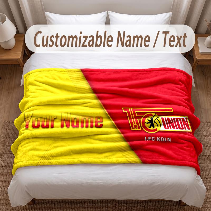 Union Berlin bedeckte Flanelldecke mit individuellem Namen und Text, weiche, warme Überwurfdecke für Schlafzimmer, Weihnachtsgeschenk