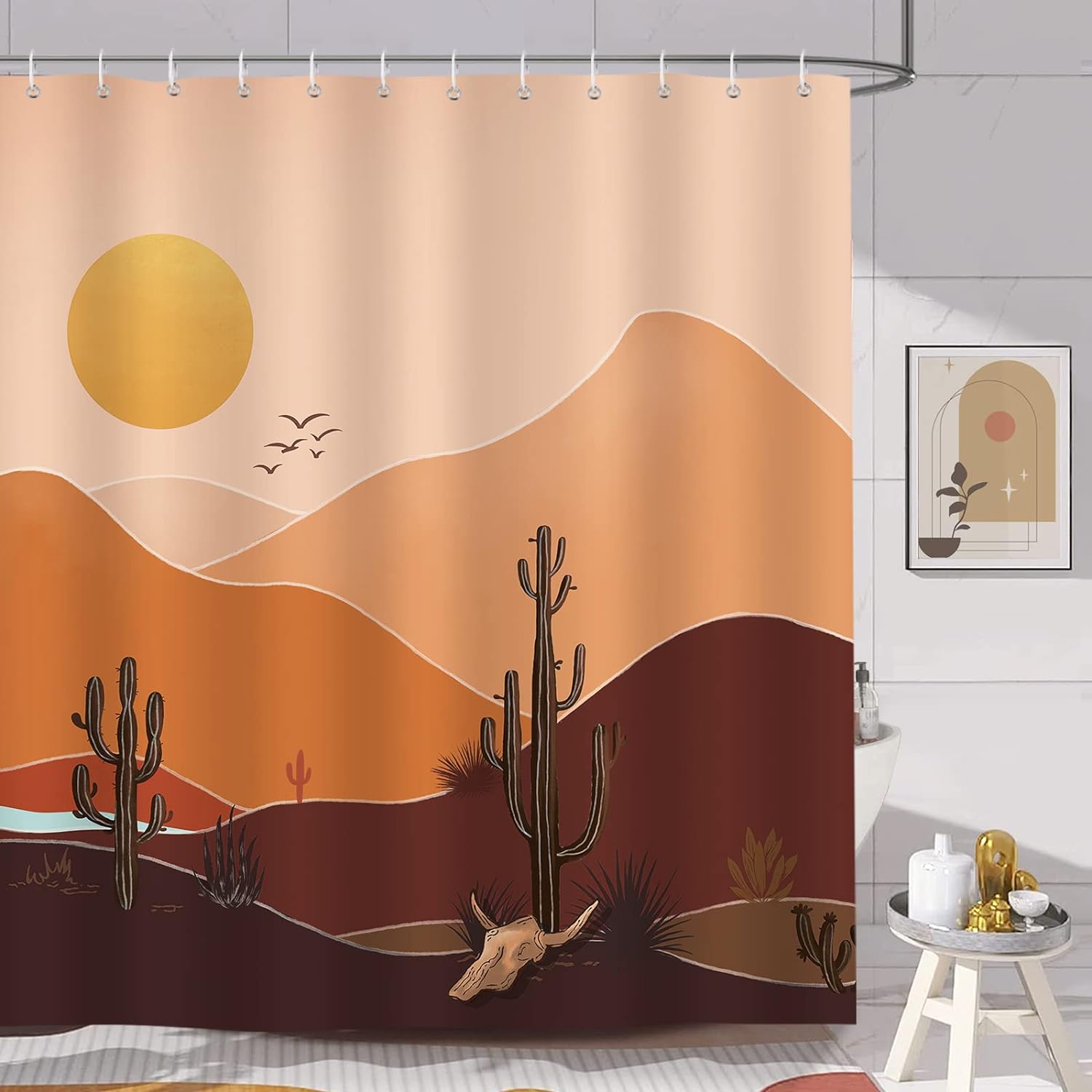 

Boho Mid Century Brown Shower Curtain Abstract Modern Minimalistic Leaves Aesthetic Decorative Fabric Bath Curtain Bathroom Deco W60H190(CM)-1 Pcs