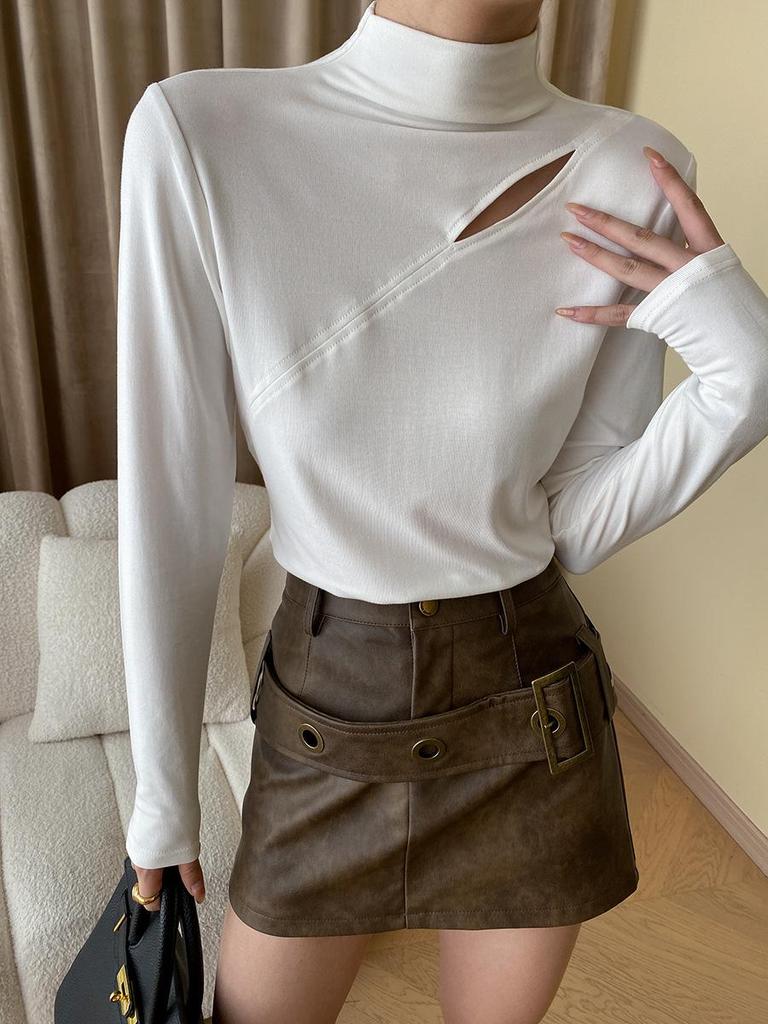 Sinan Stylish Exposed Seam French High-Collar Stretch T-Shirt SN4204