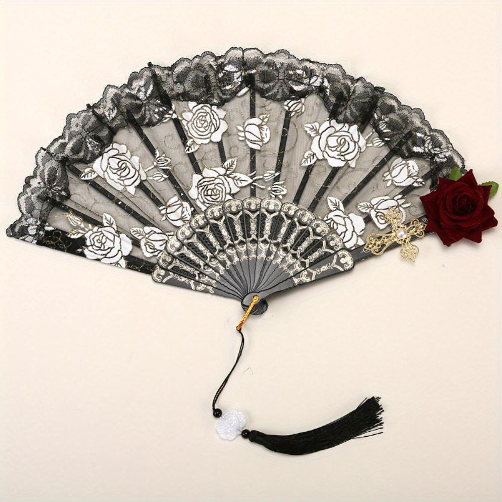 1pc/2pcs Vintage Spanish Flamenco Rose Lace Handheld Fan Elegant Black Folding Fan for Parties And Weddings