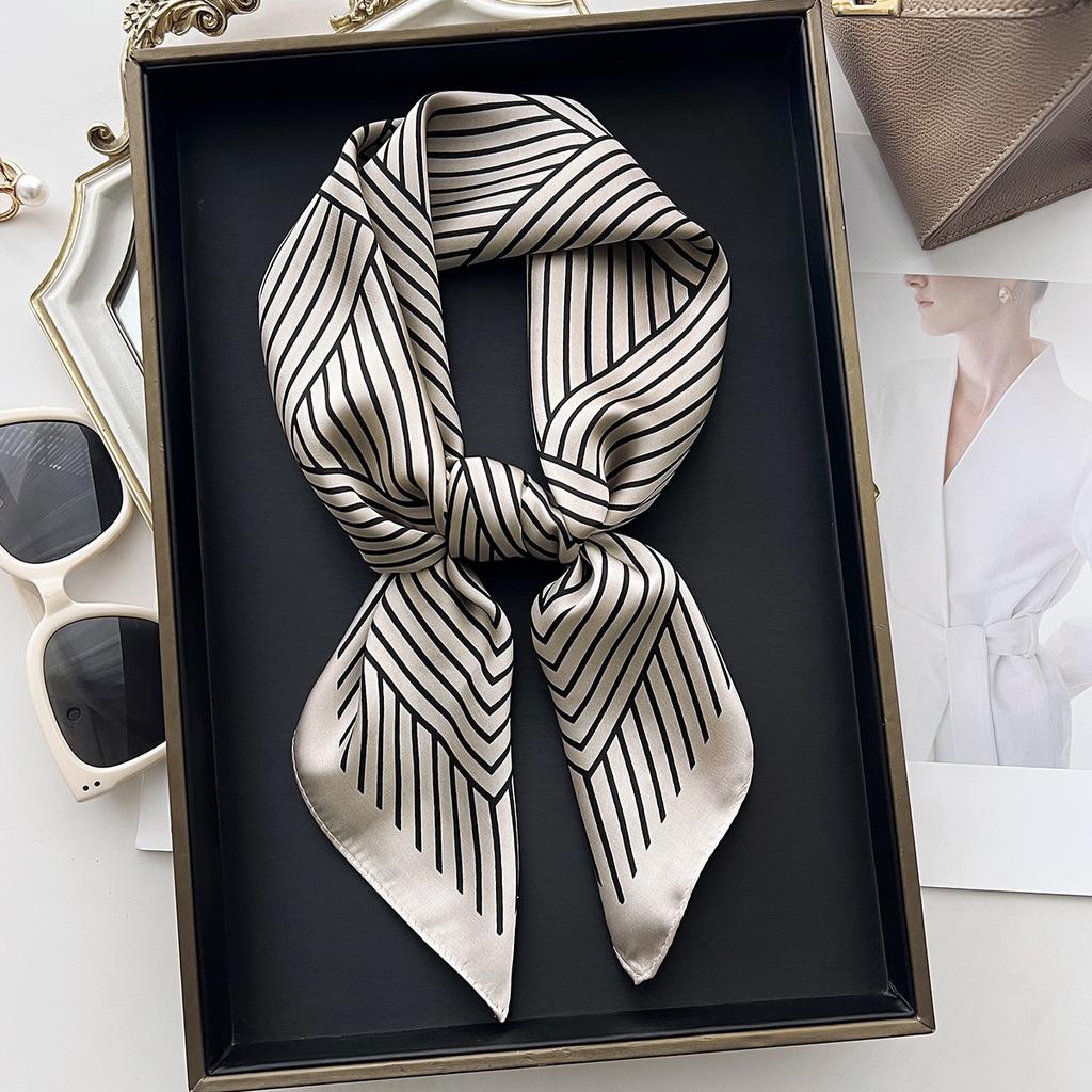 Minimal Striped Small Square Scarf Women'S Spring And Summer Simulation Silk Scarf Foreign Style Neck Protection Scarf Headband Headscarf