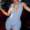 Summer Sexy Deep V Solid Color Hanging Neck Bareback Strap Fashion Jumpsuit Women's Clothing