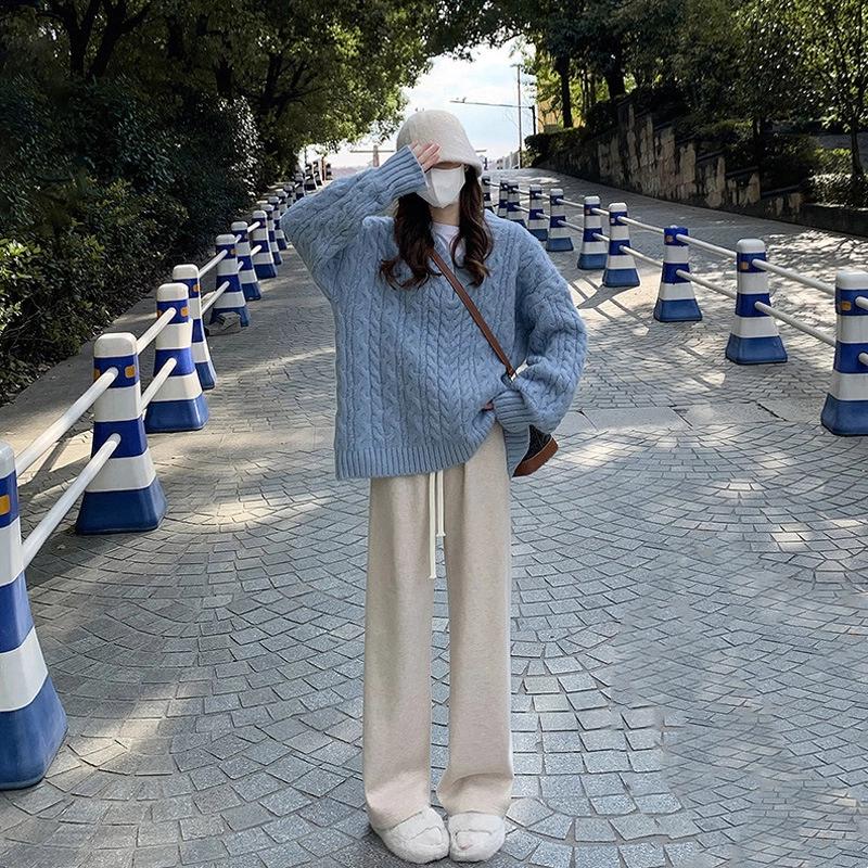 Pink Faux Cashmere Knitted Pants For Women Autumn Winter Thickened High Waist Relaxed Straight Leg Wide Leg Casual Trousers