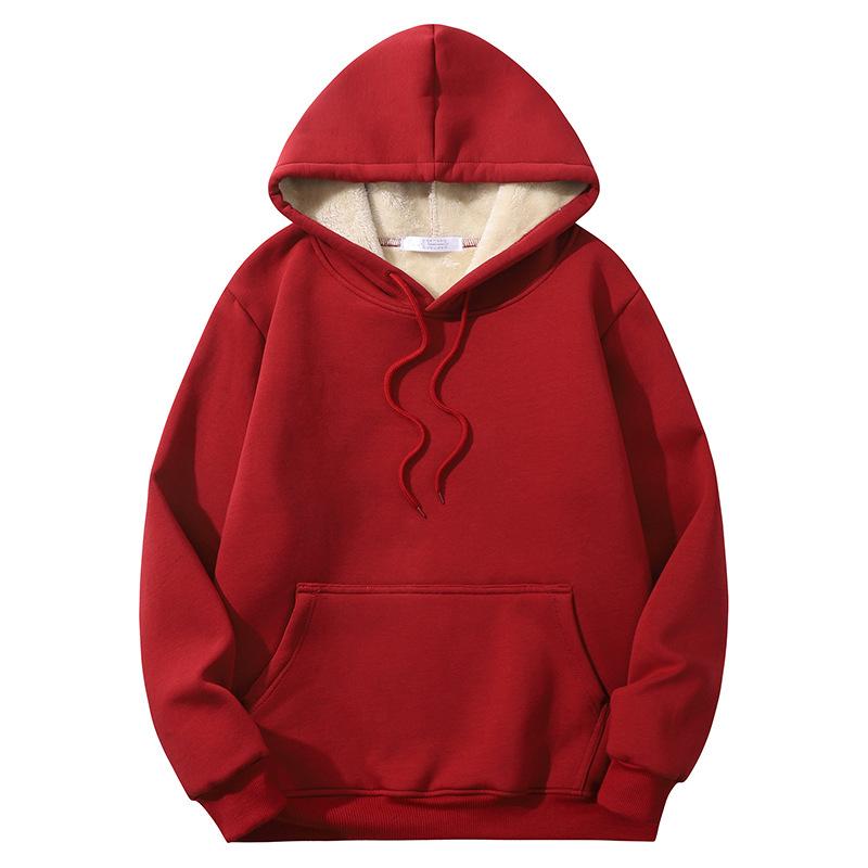Lambswool  Solid Color Loose Warm Padded Sports Men's European Hooded Sweatshirt Plus Size