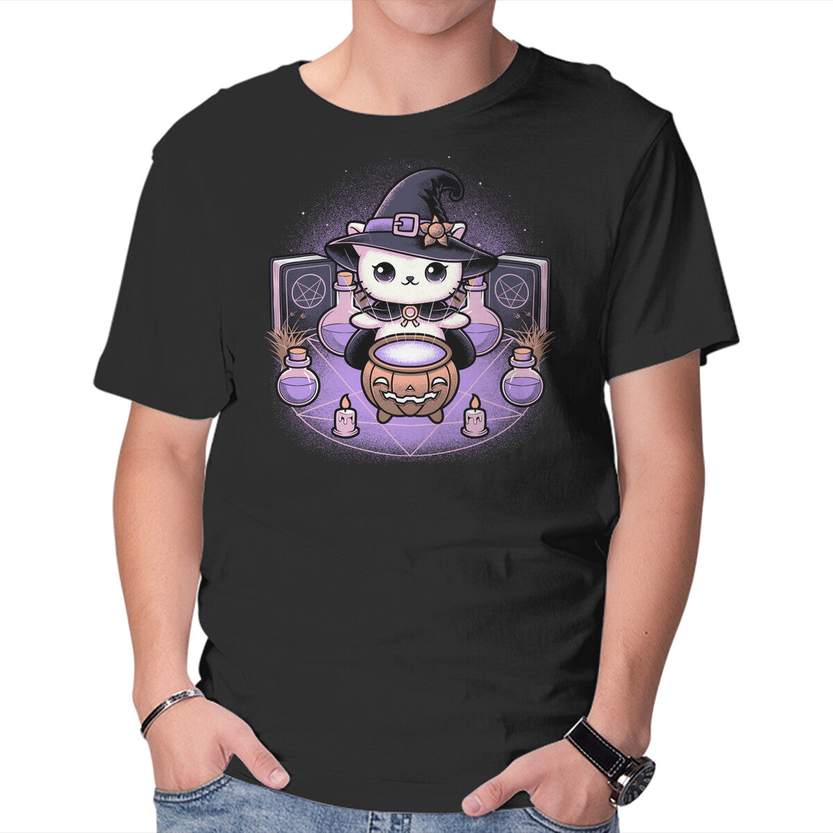Unisex Crew Neck T-Shirt Spooky Witch Cat Graphic Short Sleeve Casual Tee XXXXL
