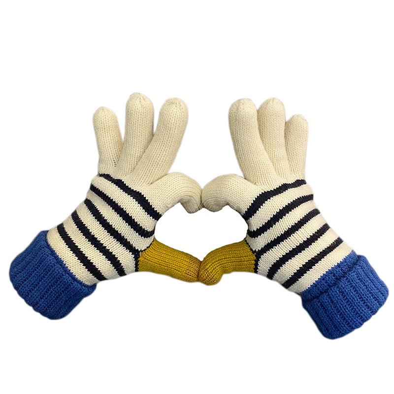 Winter Fleece and Thickened Touch Screen Color Blocking Striped Gloves for Girls Korean Version Instagram Cute Student Cycling Warm Gloves