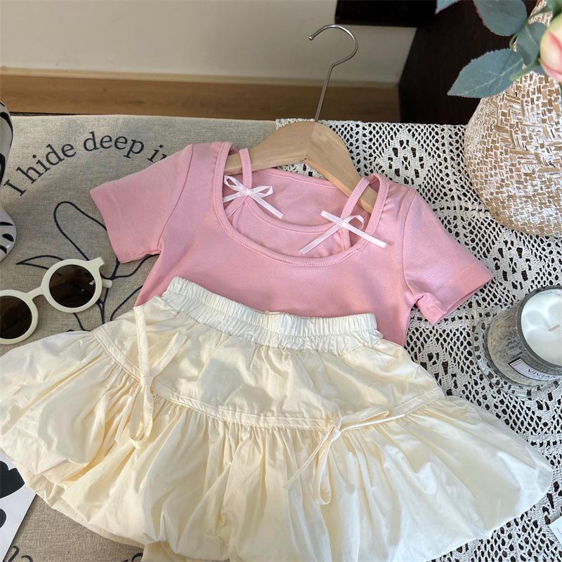 

2024 Korean Style Summer Two-Piece Set: Girls Bow T-Shirt & Flower Bud Pants 90 cm