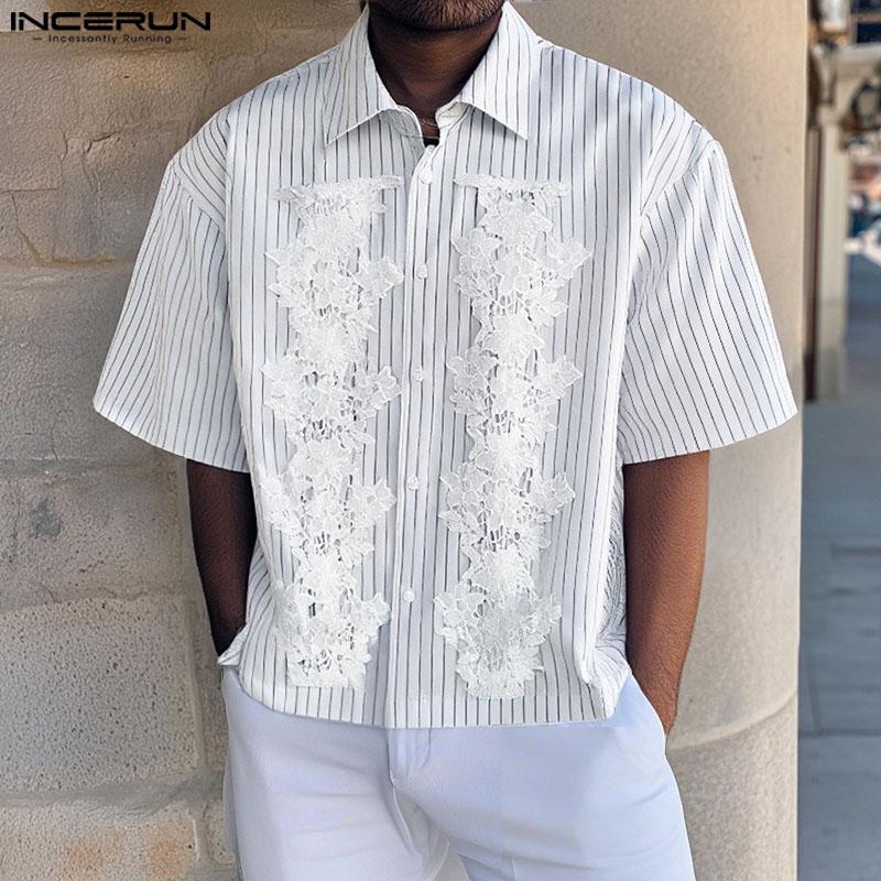 

INCERUN Summer Men Lapel Short Sleeve Lace Patchwork Striped Casual Shirts S белый