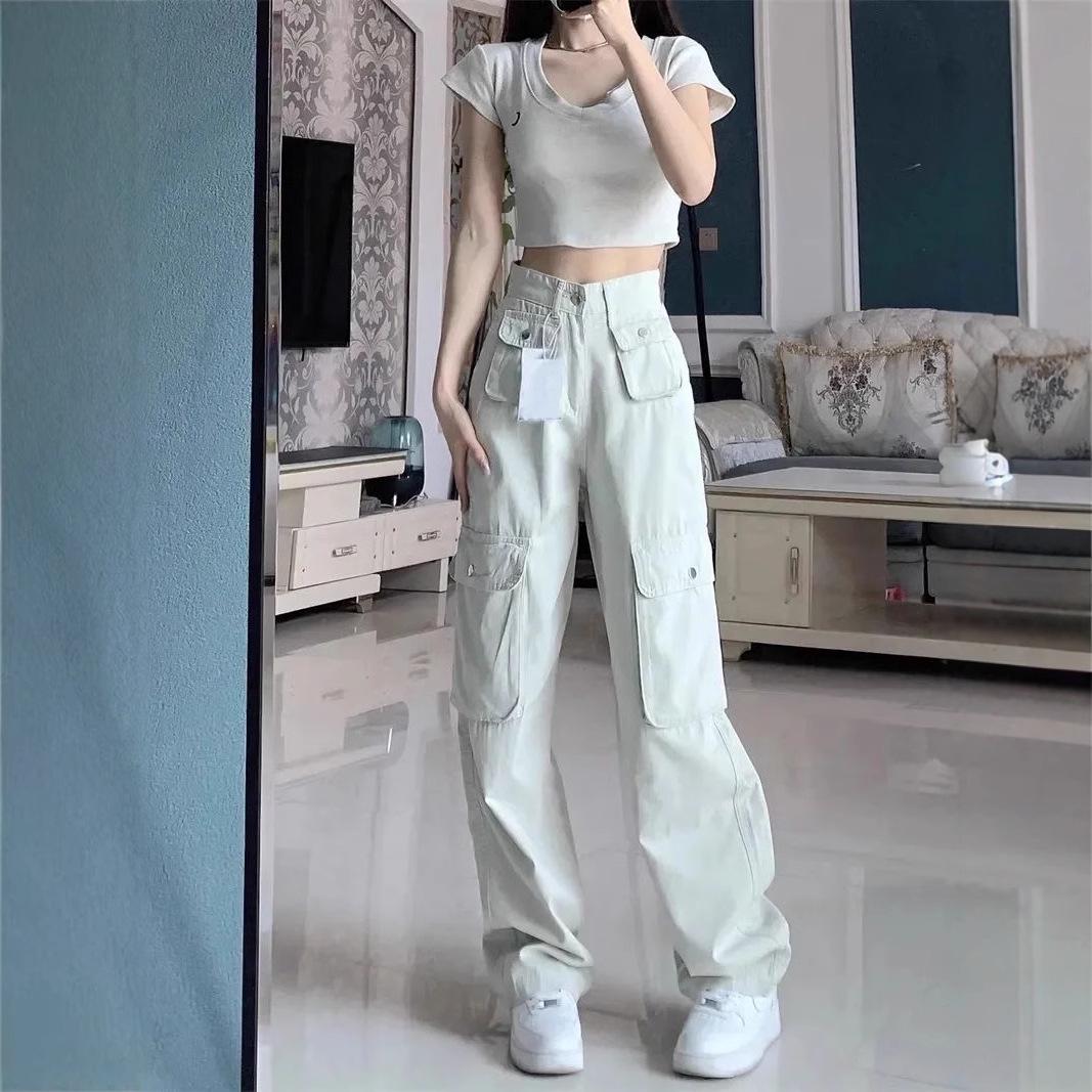 

Women s Retro High-Street Multi-Pocket Wide-Leg Jeans Medium білий/пісочний