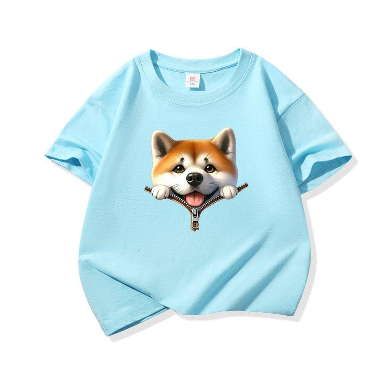 Kids Pure Cotton T Shirt Adorable Dog Zipper Print Crew Neck Short Sleeve Tee Casual Breathable Boys Girls Summer Tops
