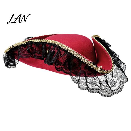 Sombrero de Disfraz Accesorio Halloween Sombrero de Pirata, Accesorio de Capitán, con Encaje Burdeos Accesorio Cómodo Y Decoración Plumada, Ligero Vintage