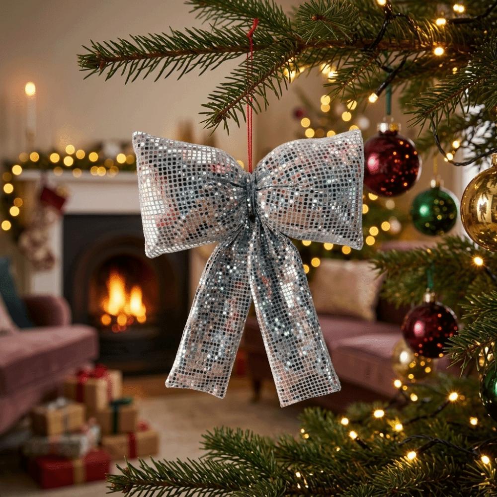 Retro Christmas Sequin Bow Sparkling Wreath Garland Bow Christmas Bow Pendant  Holiday Decoration
