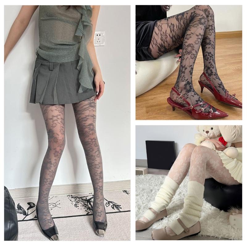 Vintage Patterned Sheer Pantyhose Stockings for Women French Style Flower Jacquard Silk Tights Thin Leggings Hosiery