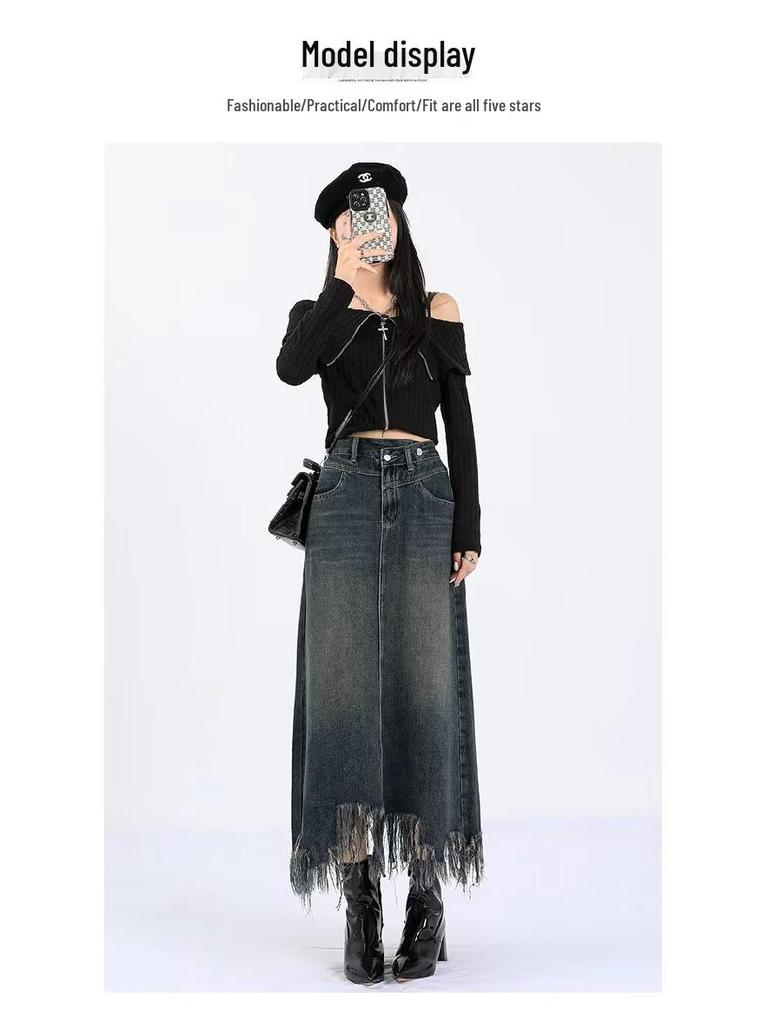 Women's High-Waisted Denim Midi Skirt, Autumn 2025: Slimming A-Line with Split, Fringe, and Hip-Hugging Design