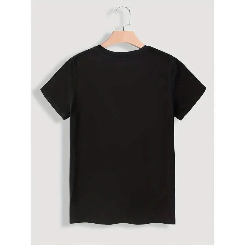 Women Black Round Neck Short Sleeve Top Featuring A Coffin Pattern, A Skull and Rose Makeup Design, Perfect for Casual Wear in Spring and Summer