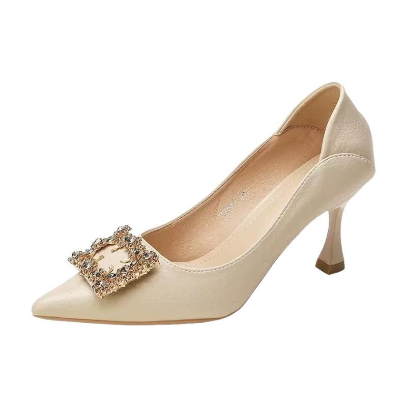 Summer Fashion Versatile Rhinestone High Heels Women's 2025 New Pointed Thin Heel Soft Leather Soft Sole Temperament Bridesmaid Shoes