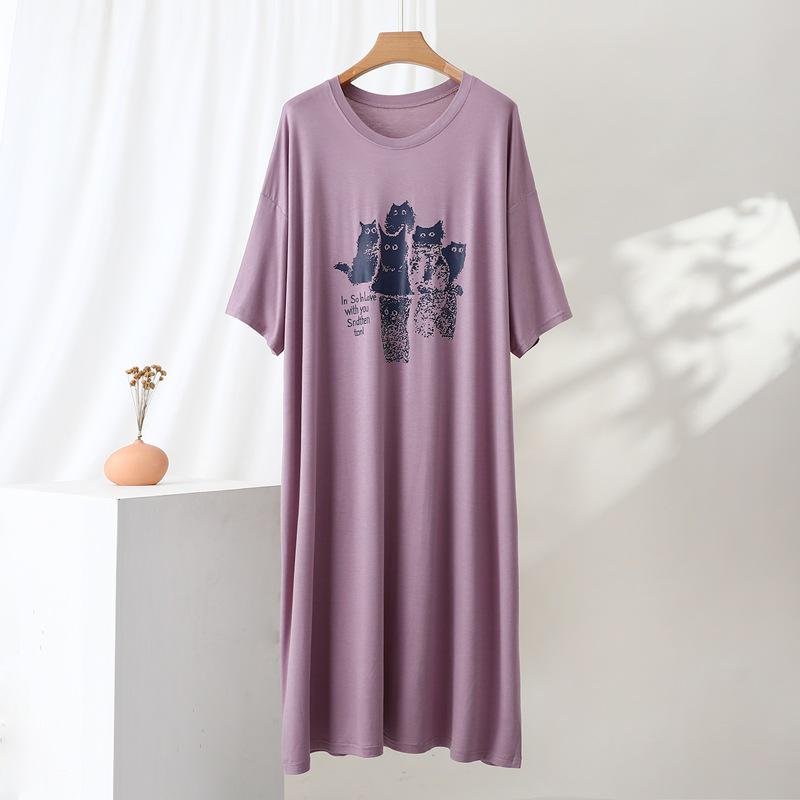 Korean Style Cat Print Slimming Plus Size Casual Home Dress for Women 2XL фиолетовый