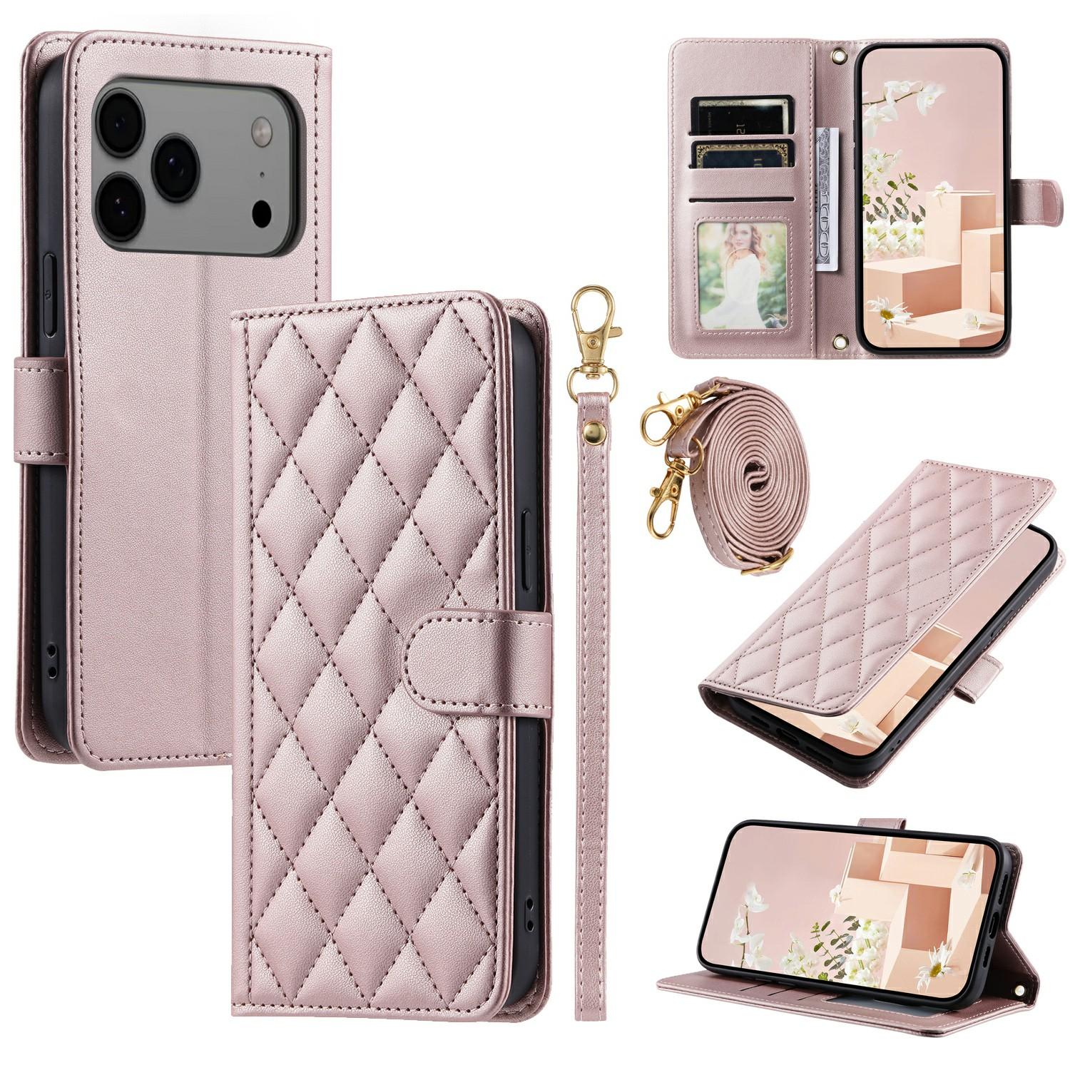 

For iPhone 17 Pro Max Case Wallet Rhombus Grid PU Leather Phone Cover Rose Gold