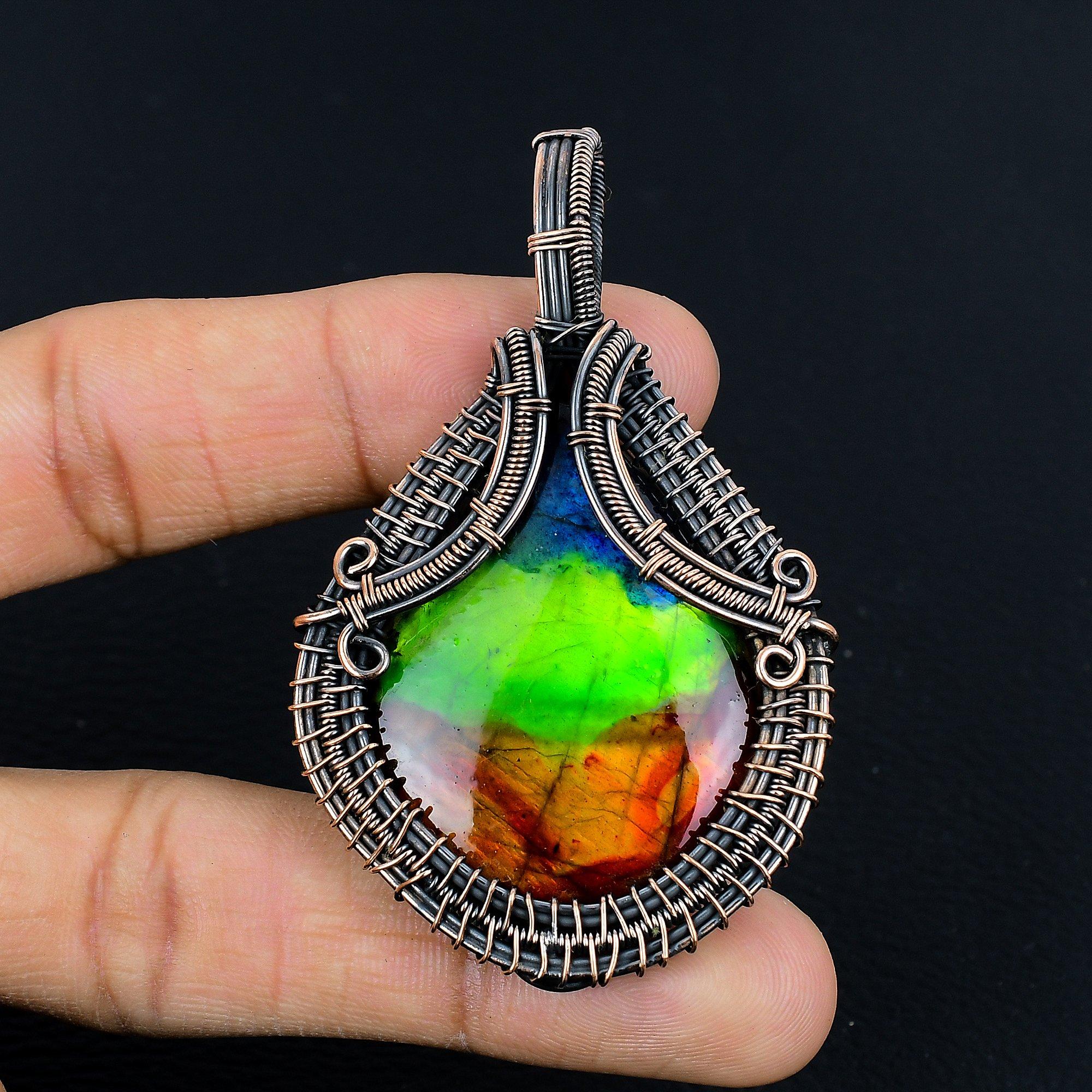 

Tri Color Labradorite Pendant Gemstone Handmade Jewelry, 999 Copper Wire Wrapped Pendant, Gift For Wife Jewelry 2.56 Inches