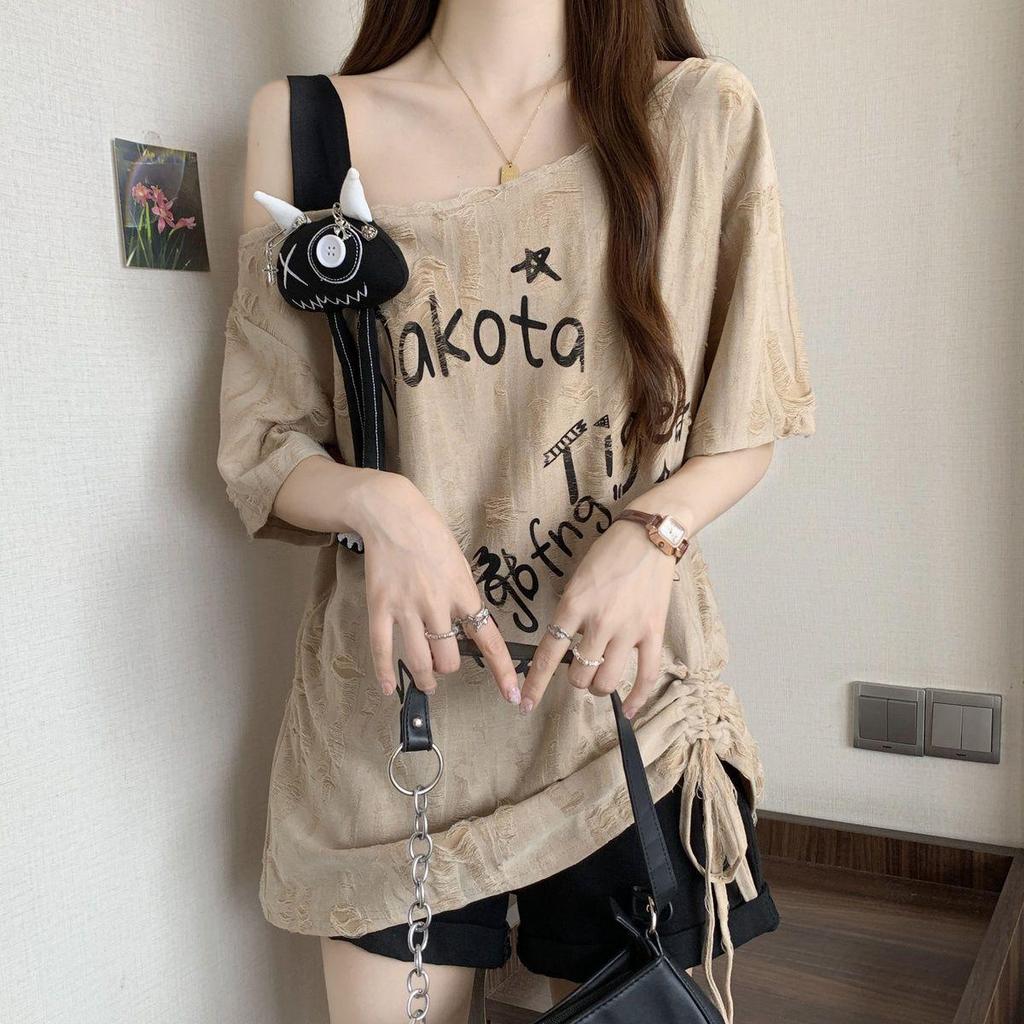 Women's Plus Size Off-Shoulder Ripped Short-Sleeve T-Shirt with Drawstring