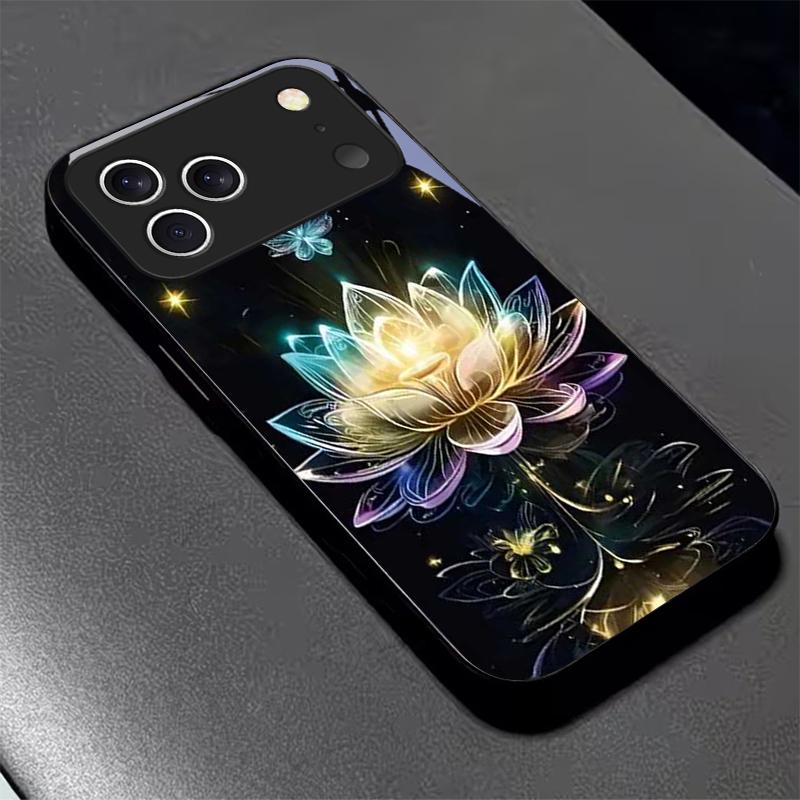 Crystal Lotus Art For Apple Black Phone Case For iPhone 17 16 15 14 13 12 Mini 11 Pro Max 17 Air 7 8 Plus XR Glass Back Cover