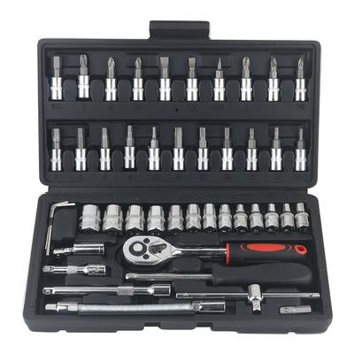 Conjunto de chaves de catraca de soquete de 1/4 de polegada com 46 peças, com conjunto de soquete de bits, métrica e barra de extensão para reparo de automóveis e uso doméstico, com estojo de armazenamento