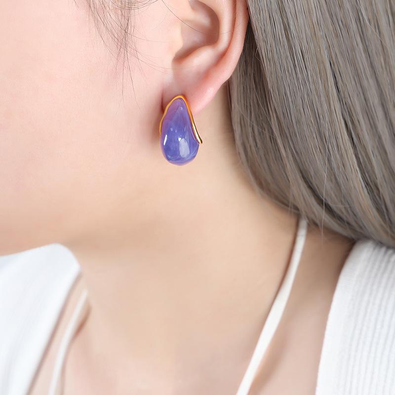 Exquisite Summer Purple Geometric Resin Earrings for Women - Trendy Colorfast Titanium Steel Studs