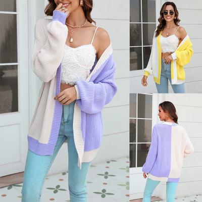 2023 Women's Loose Patchwork Color Knitted Cardigan Fashion Large Size Sweater Casual Coat