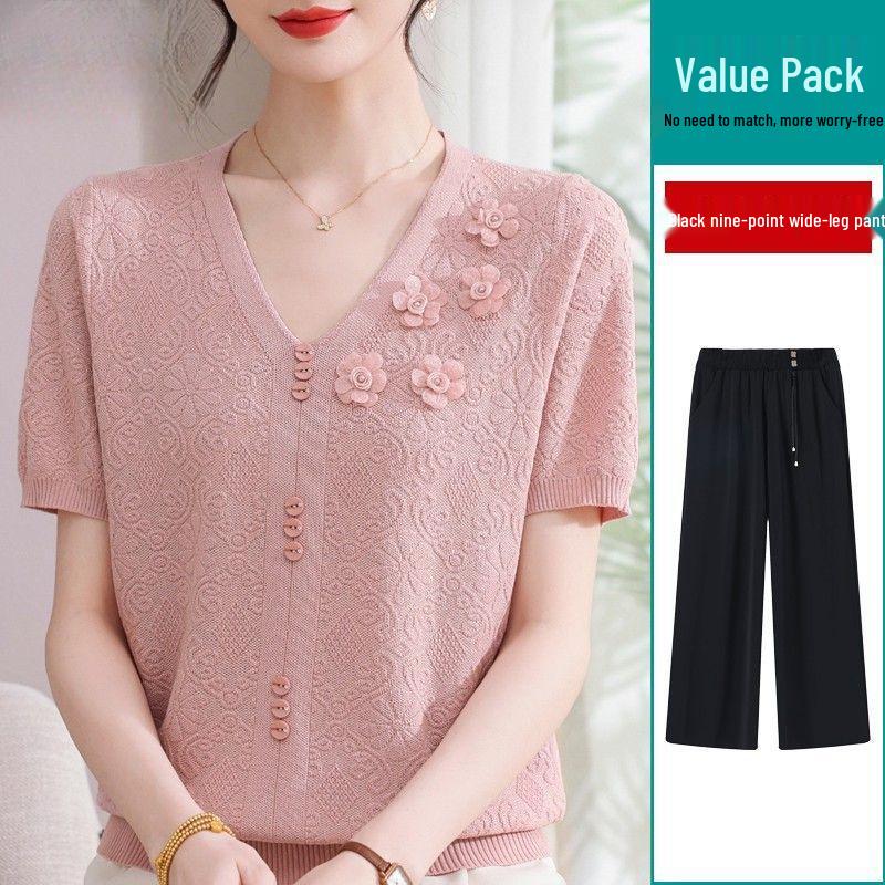 2026 Summer Ice Silk Blouse & T-Shirt Set for Moms and Seniors