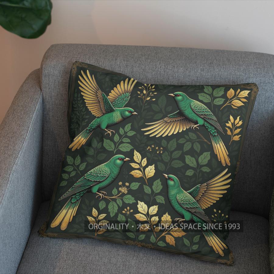 2D Elegant Green Birds Floral Pattern Pillow Cover Pattern Cushion Cover Suitable For Sofa Bedroom Car Pillow Cover