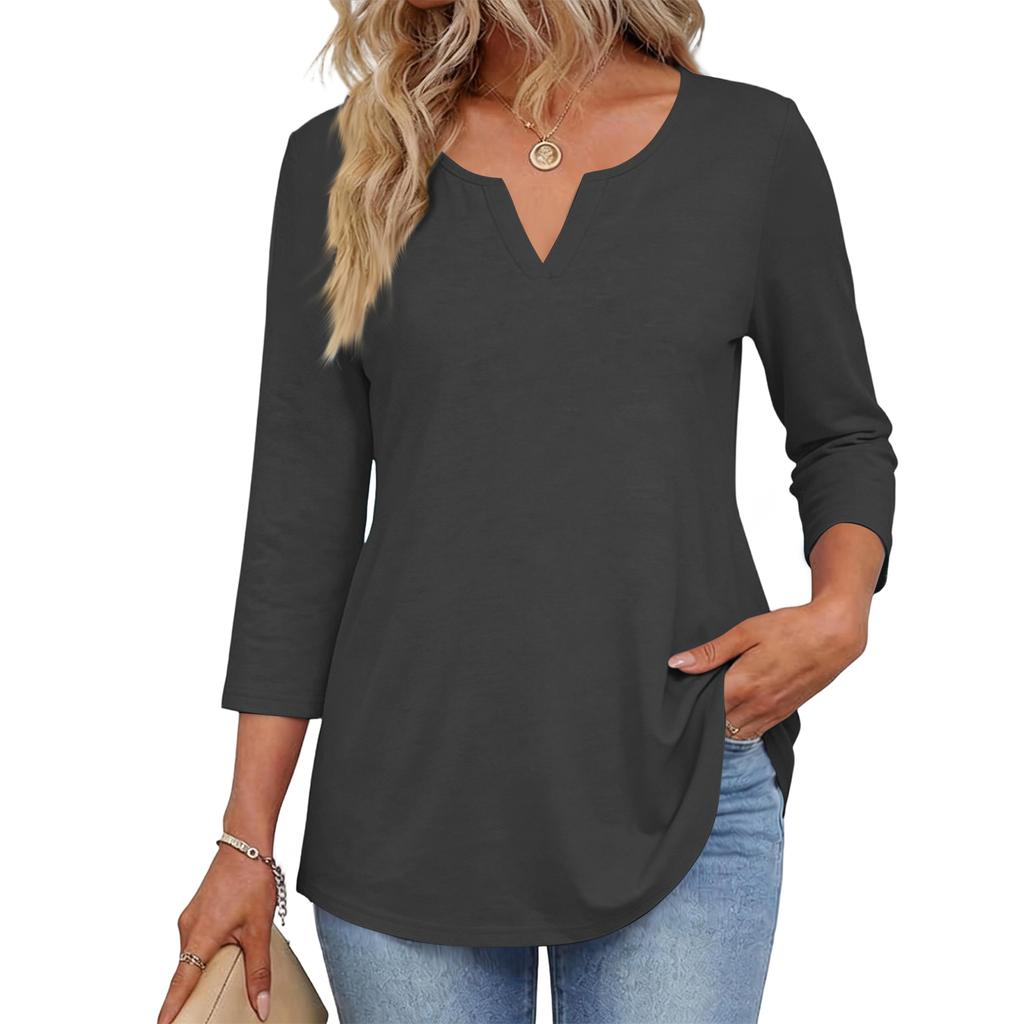 Modisches lässiges Damenoberteil mit V-Ausschnitt und Rundhalsausschnitt, 3/4-Ärmel