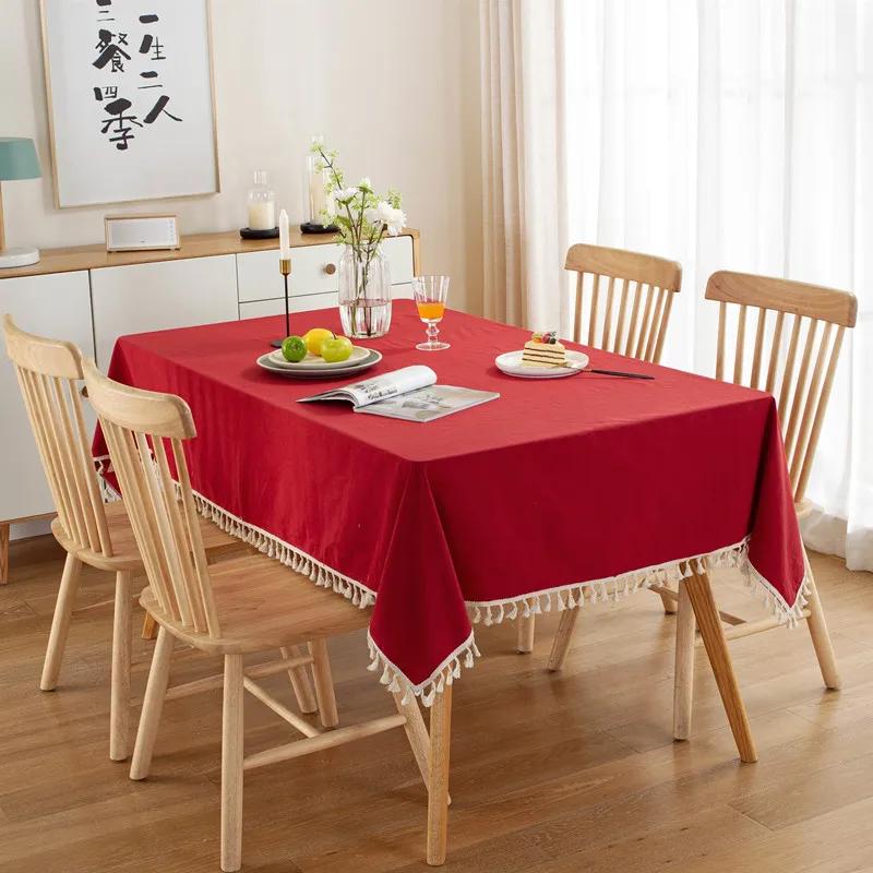 Farmhouse Solid Color Tablecloth Rectangle Cotton Fabric Pompom Tassel Table Cover For Kitchen Dinning Wedding Party Decorations